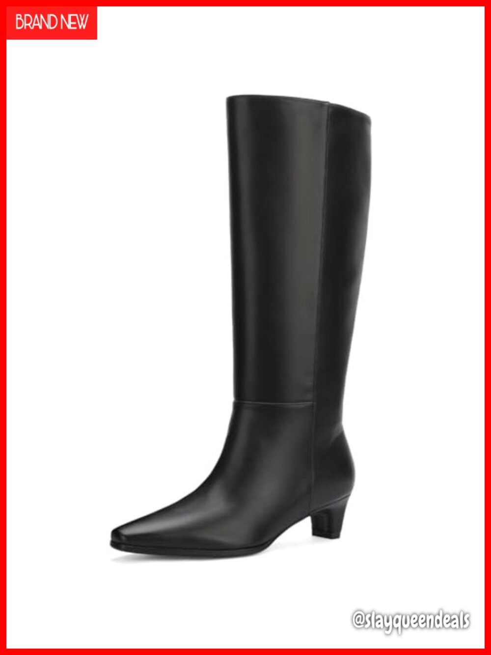 Women Square Toe Knee High Boots Low Kitten Heel Side Zipper Vegan Leather Tall